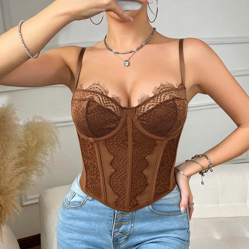 Sexy See through Lace Bra Top French Jacquard Outer Wear Sexy Boning Corset Vest
