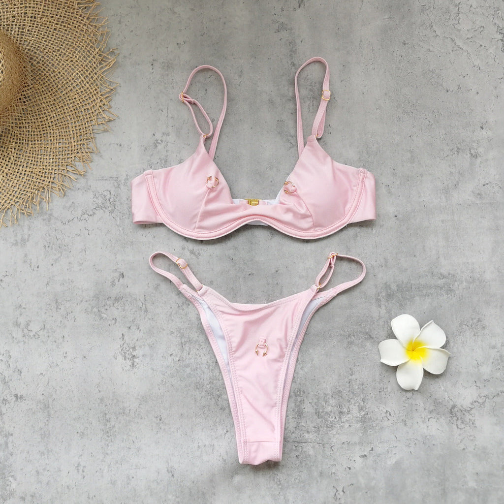 Solid Color Tube Top Push up Low Waist Adjustable Triangle Bikini Sexy Backless Split Swimsuit Women