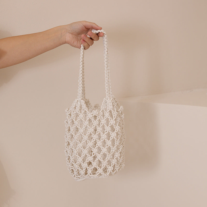 Woven Cotton Cutout Shoulder Bag Beach Fishing Net Style - Image 6