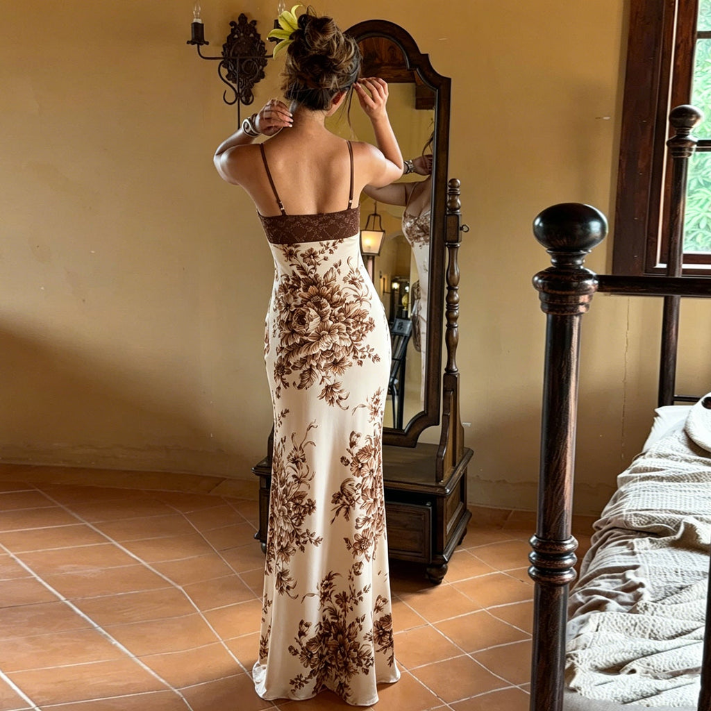Sexy Retro Lace Stitching Chest Strap Dress French Elegant Romantic Floral Dress