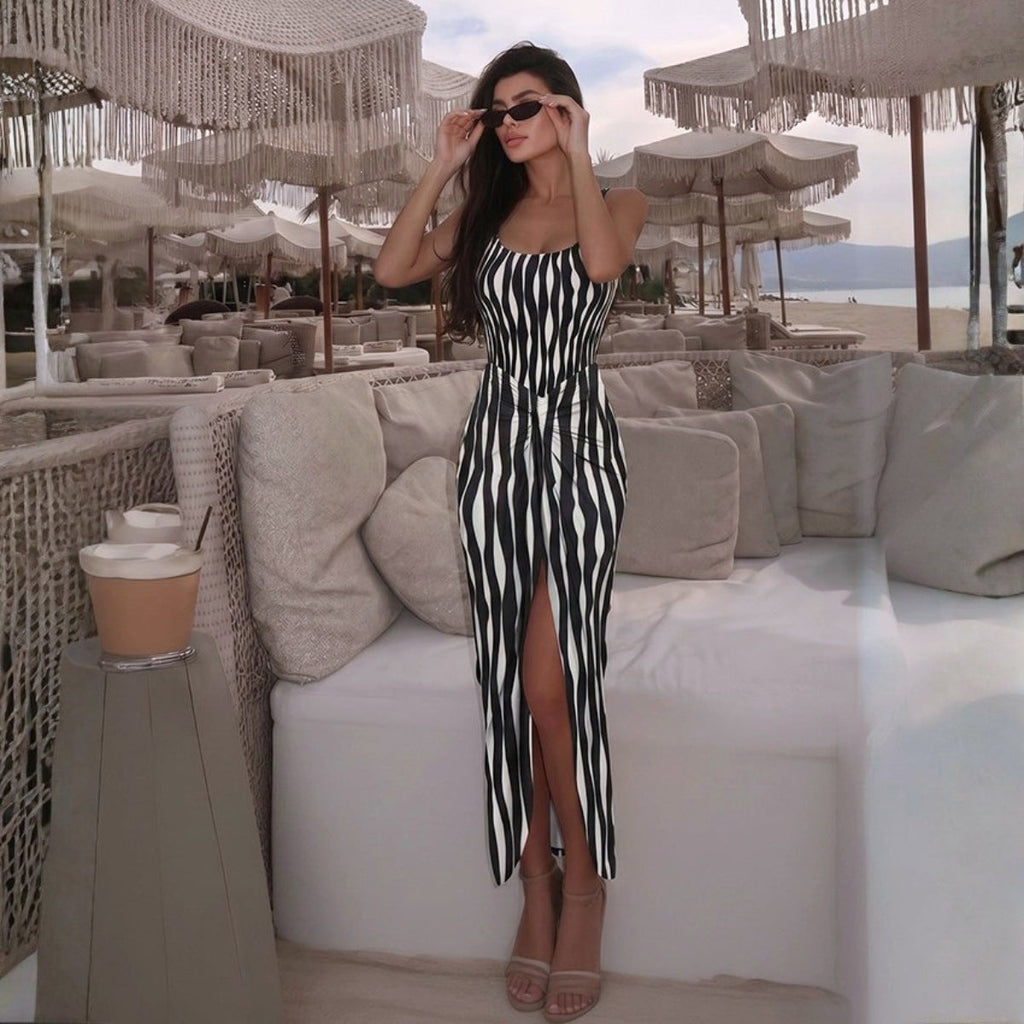 Simple Black White Water Ripple Striped One Piece Swimsuit Women Two Piece Set