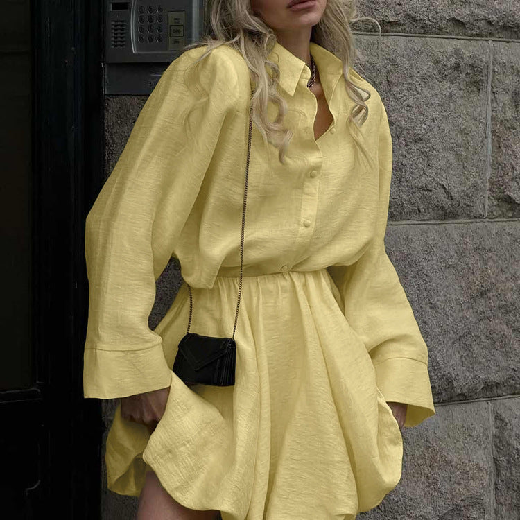 Spring Summer Casual Skirt Women Collared Long Sleeve Cardigan Top High Waist Bubble Skirt Two Piece Sets