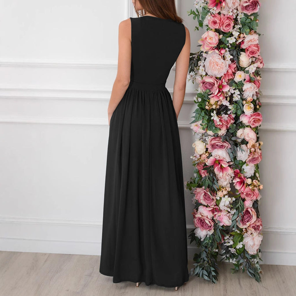 Women Clothing Summer Solid Color V neck Sexy Slit Hemline Hem Dress