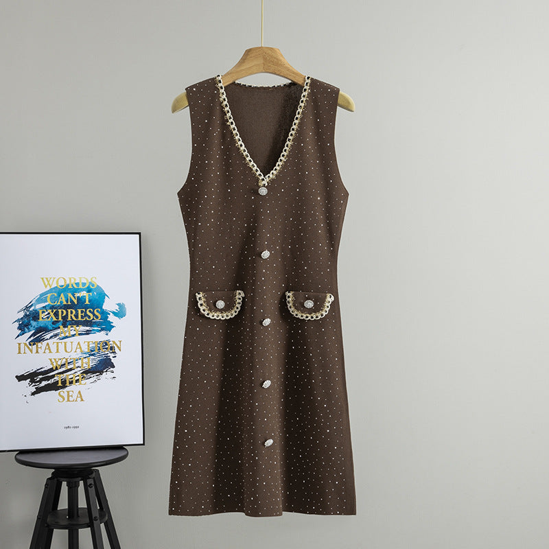 Spring Autumn Sleeveless Vest Waist Dress Figure Flattering Outerwear Mid Length Dress Women