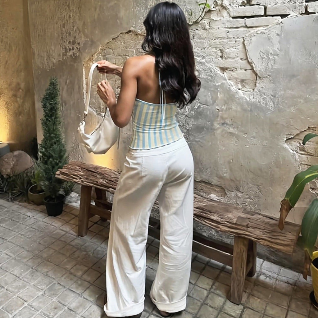 Summer Women Clothing Sexy Halter Beaded Backless Slim Fit Striped Printed Vest Top