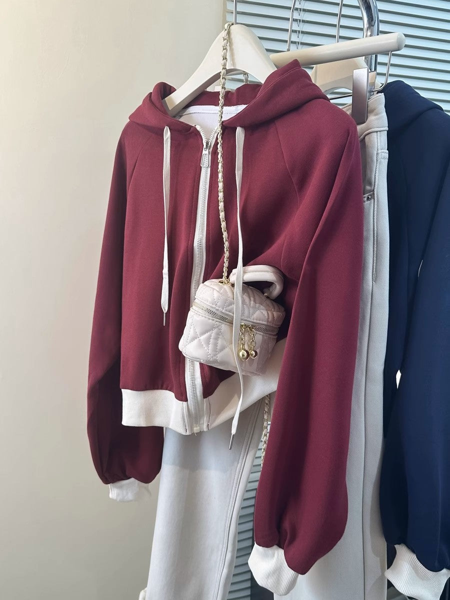 Women's Navy Blue & White Color-Blocked Cropped Hoodie - Image 7