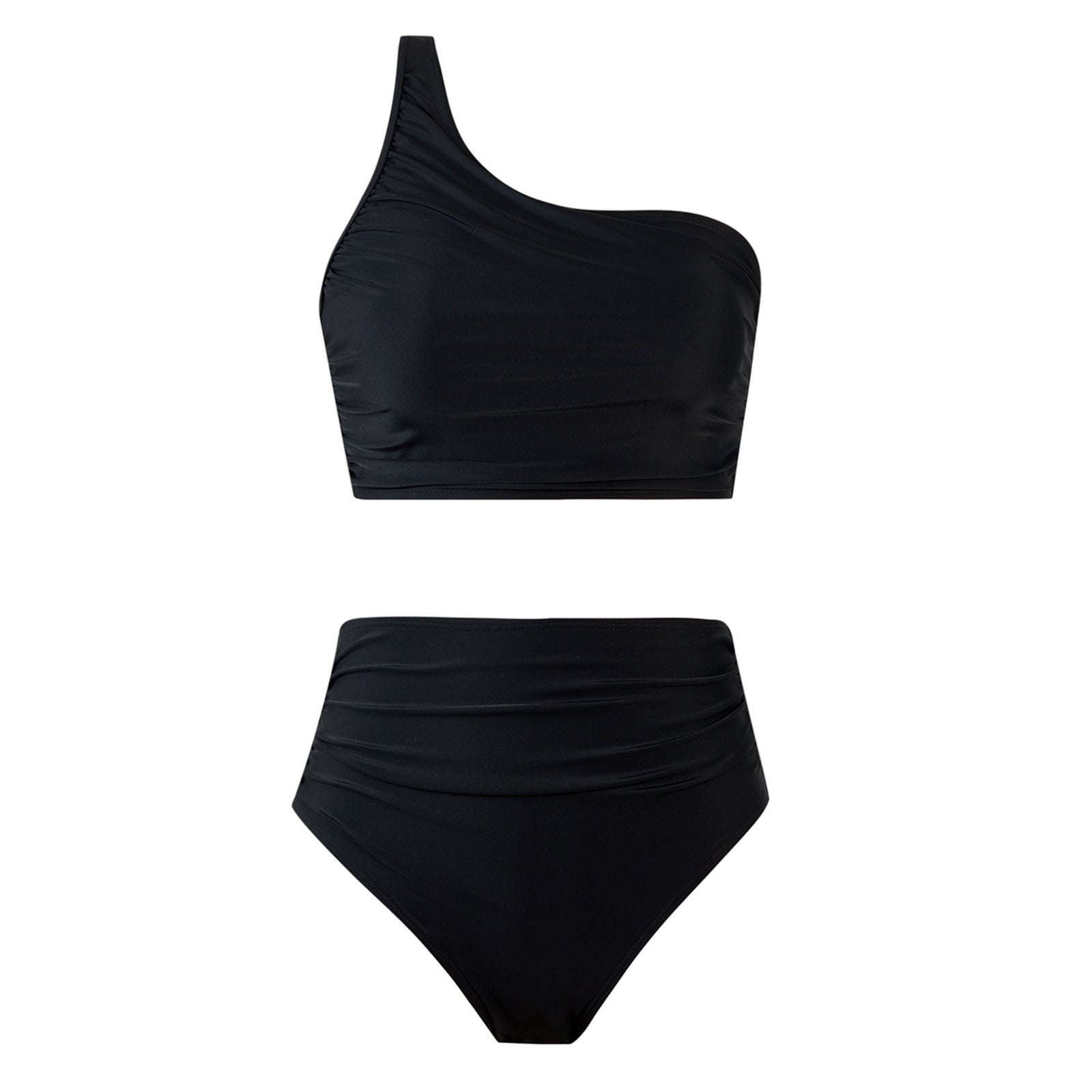 High Waist Ruched Bikini Set with Asymmetric Single Strap Design