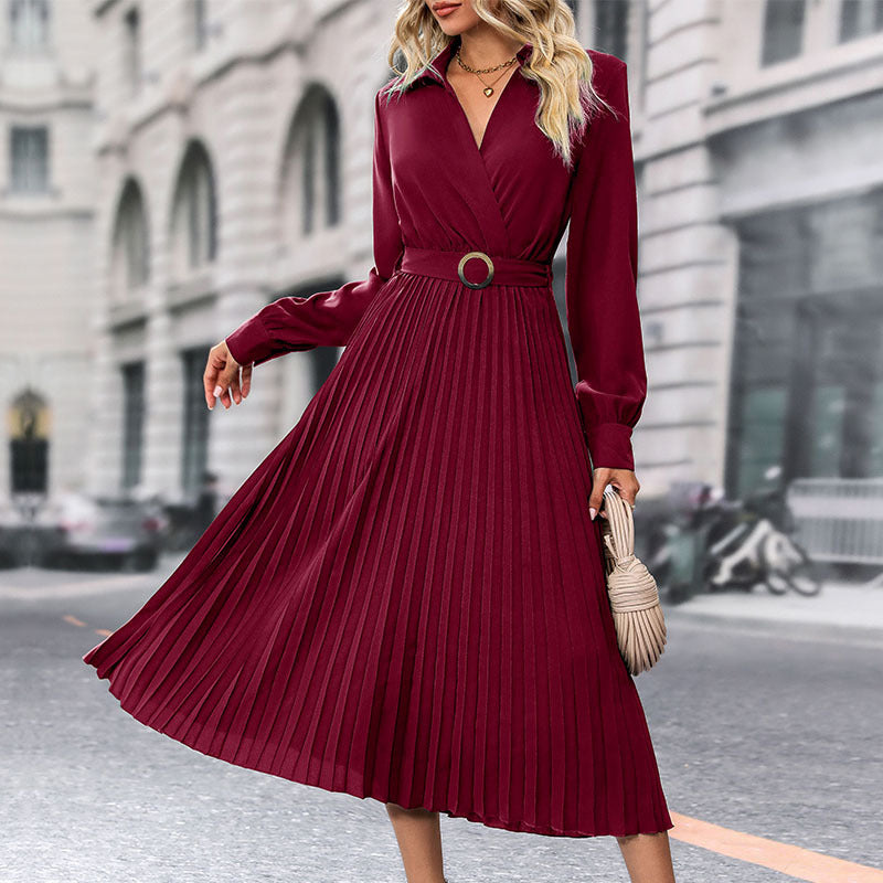 Women's Long Sleeve Pleated Shirt Dress with Adjustable Waist