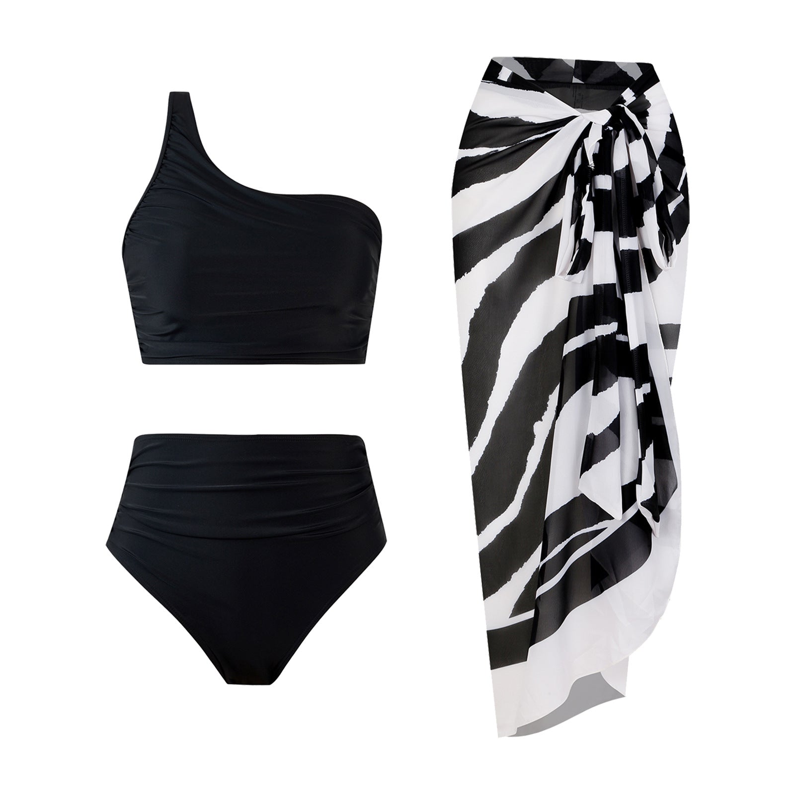 High Waist Ruched Bikini Set with Asymmetric Single Strap Design