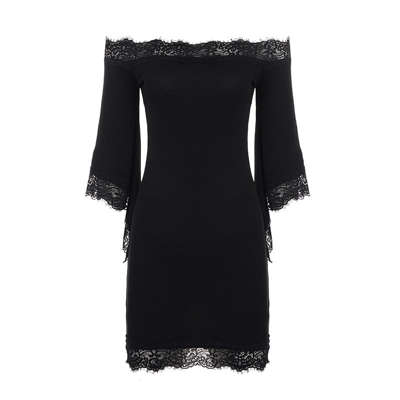 Sexy Woman Lace Stitching off Shoulder Dress Adult Lady like Woman Bell Sleeve Hip Dress