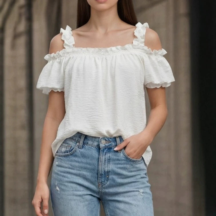 All Match Solid Color V neck Ruffled off the Shoulder Casual Sling Top