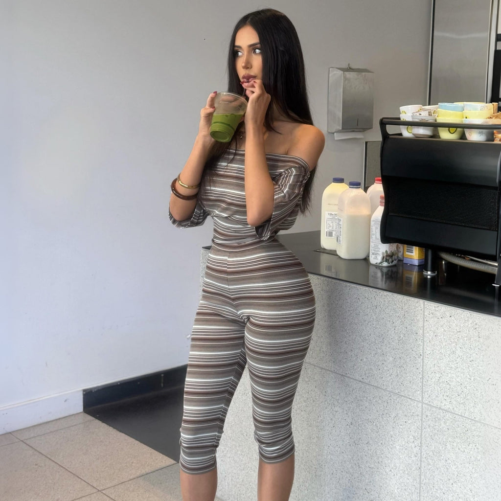 Summer Women Striped Sexy Tube Top off Shoulder Short Sleeve Skinny Knee Length Pants Set