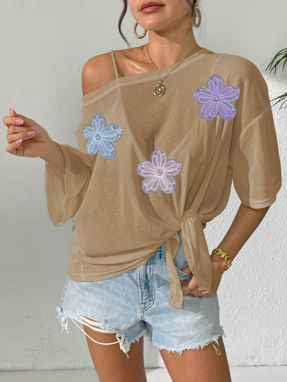 Women’s Boho Off Shoulder Beach Cover Up Floral Tie Detail Top