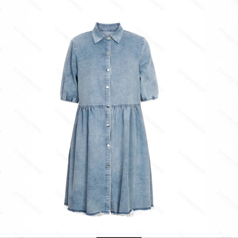 Washed Denim Ruffle Hem Dress in Light Blue Casual Bohemian