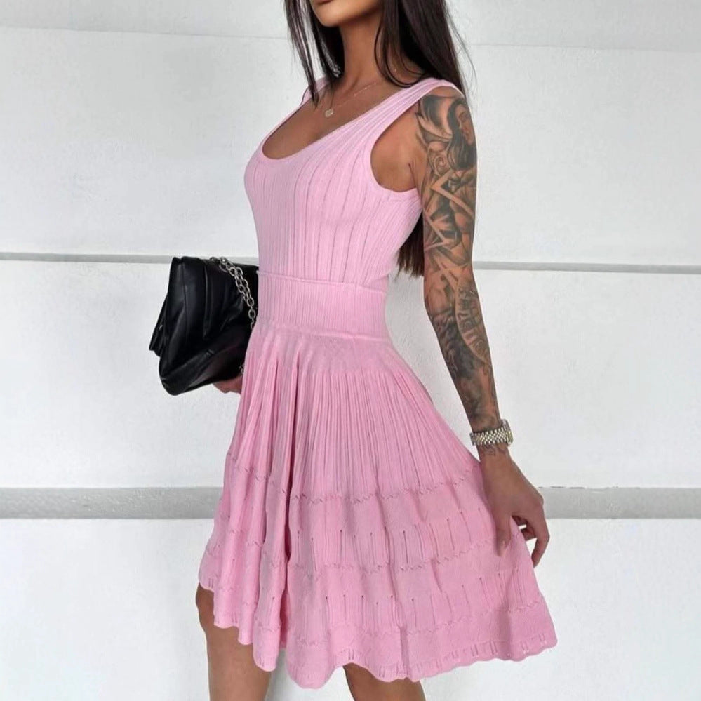 Spring Summer Slim Vest Knitted Dress Women Hollow Out Cutout-out Cinched Sleeveless Puff Short Women