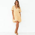 Spring Summer New V-neck Flared Short Sleeve Printed Pleated Large Swing Dress Women Clothing