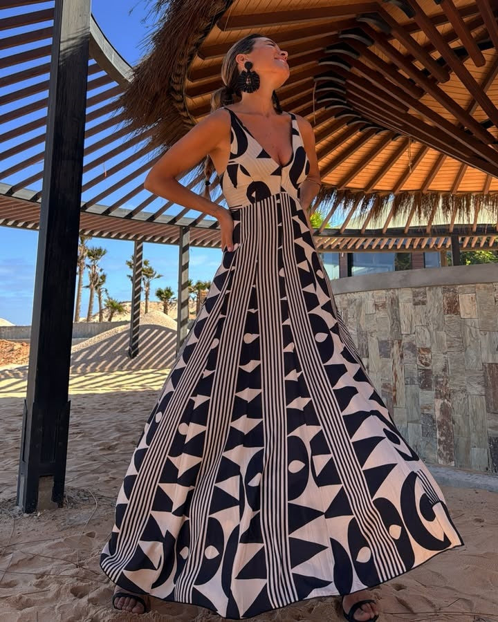 Summer V neck Waist Trimming Printing Large Swing Beach Holiday Dress