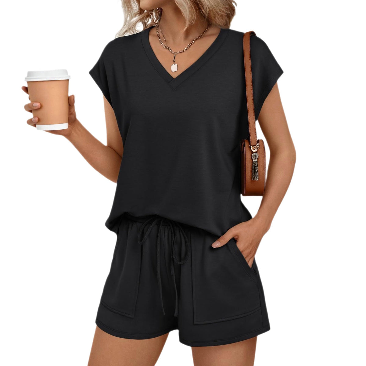 Summer Women V neck Short Sleeved Shorts Casual Two Piece Sets