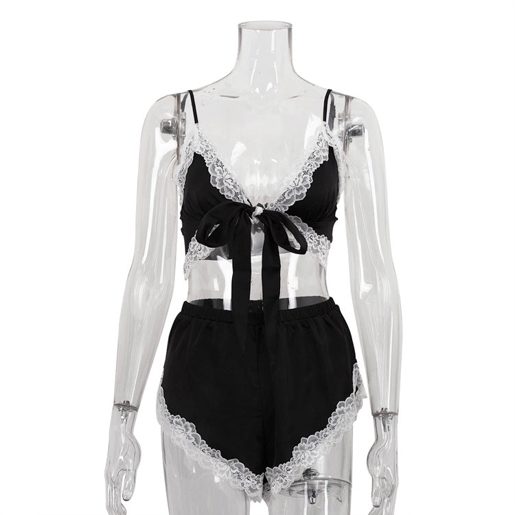 Design Lace Stitching Sexy Sleeveless Camisole Shorts Two Piece Set