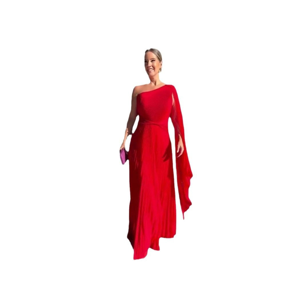 Diagonal Collar Cinched Waist Flounced Long Dress