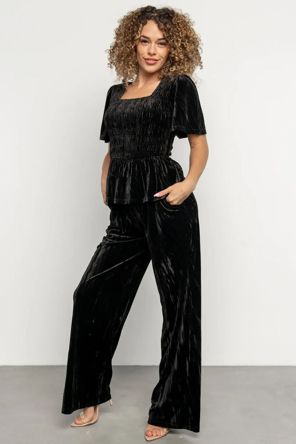 Velvet Women Solid Color Pleated Slim Casual Short Sleeved T shirt Pants Wide Leg Two Piece Set