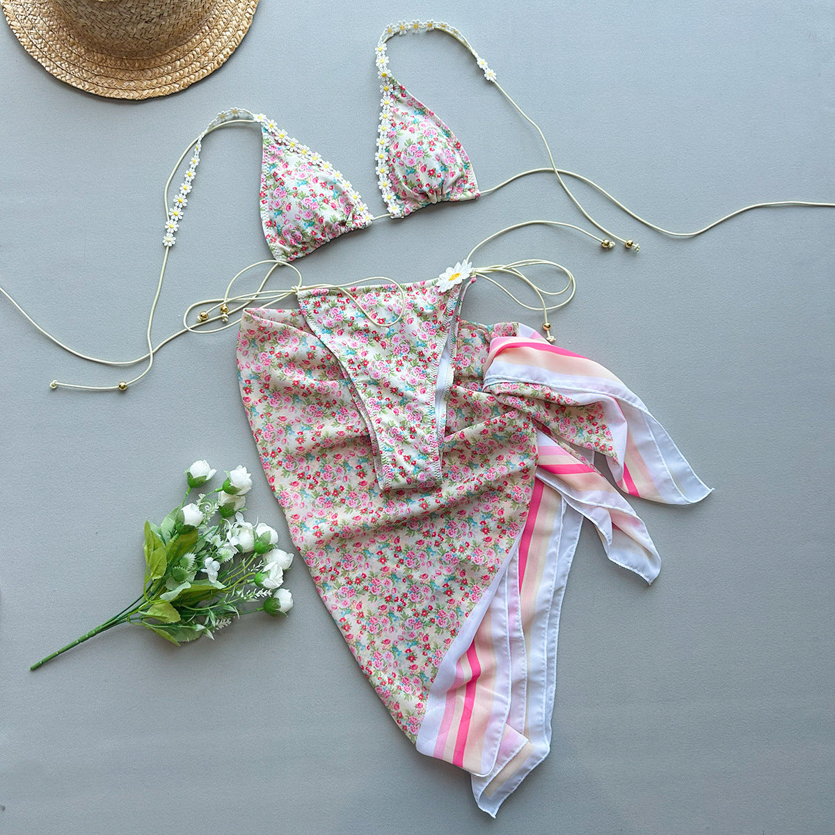 Floral Three-Piece Bikini Set with Ruched Asymmetric Detail
