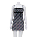 French Spring Sweet Fresh Plaid Strap Sexy Lace Stitching Dress A Line Dress