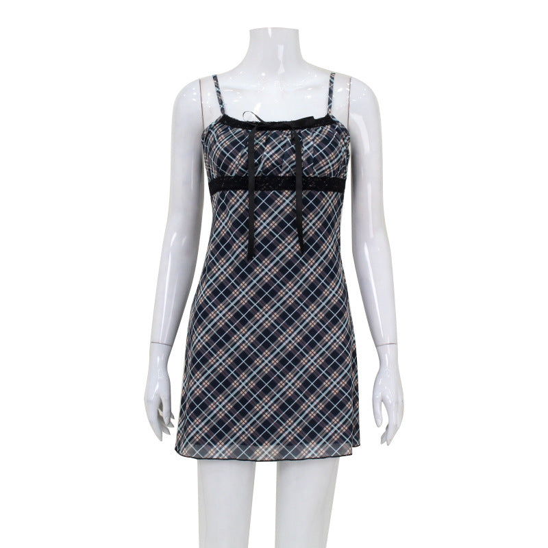 French Spring Sweet Fresh Plaid Strap Sexy Lace Stitching Dress A Line Dress