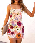 Spring Summer Gorgeous Three Dimensional Floral Embroidered Strap Short Dress Dinner Suit