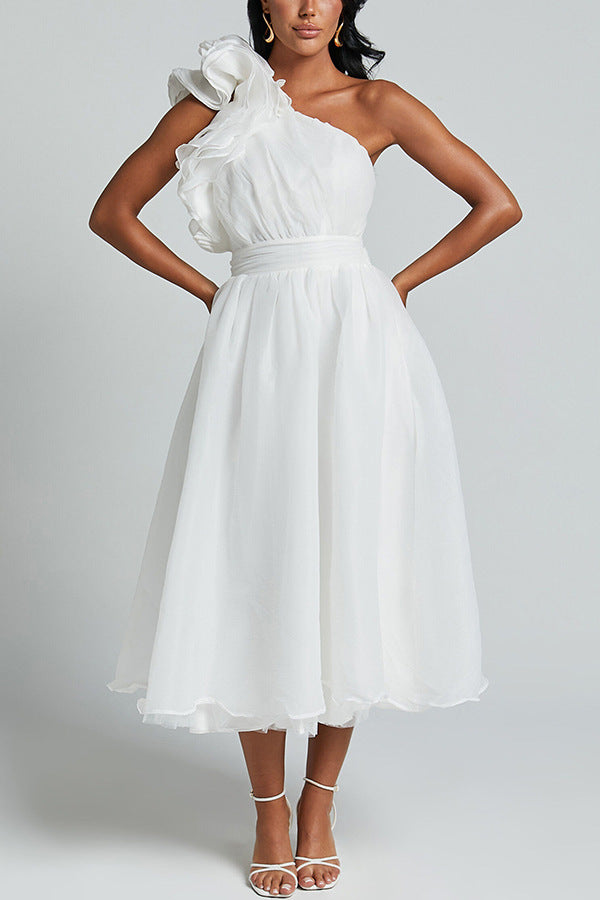 Summer Sexy Solid Color Sloping Shoulder Backless Dress Women