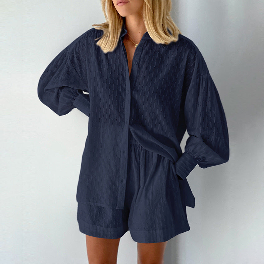 Summer French White Jacquard Cotton Puff Sleeve Casual Shorts Set Ladies Homewear Cool Pajamas