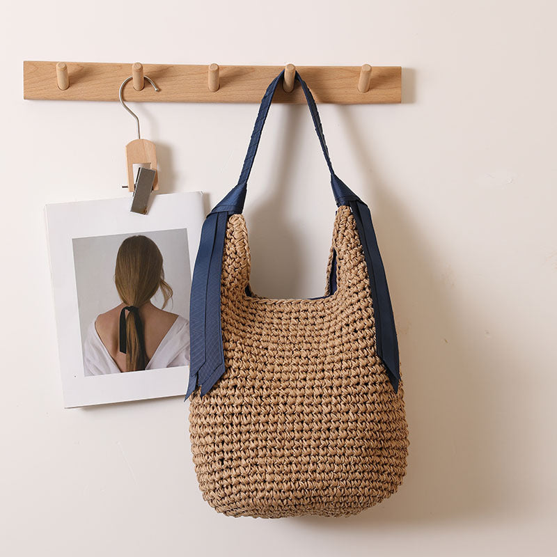 Woven Straw Shoulder Bag with Ribbon Detail Natural Green - Image 3