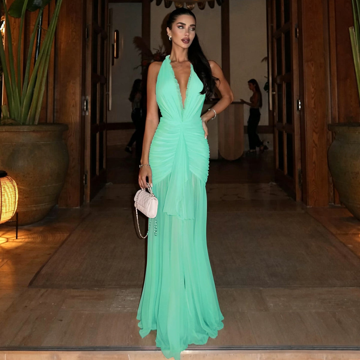 Summer Women Clothing Solid Color Elegant Sexy Mesh Stitching Halter Pleated Dress for Women
