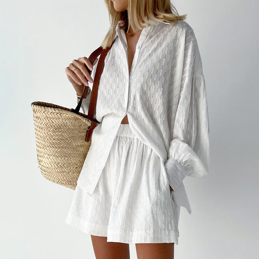 Summer French White Jacquard Cotton Puff Sleeve Casual Shorts Set Ladies Homewear Cool Pajamas