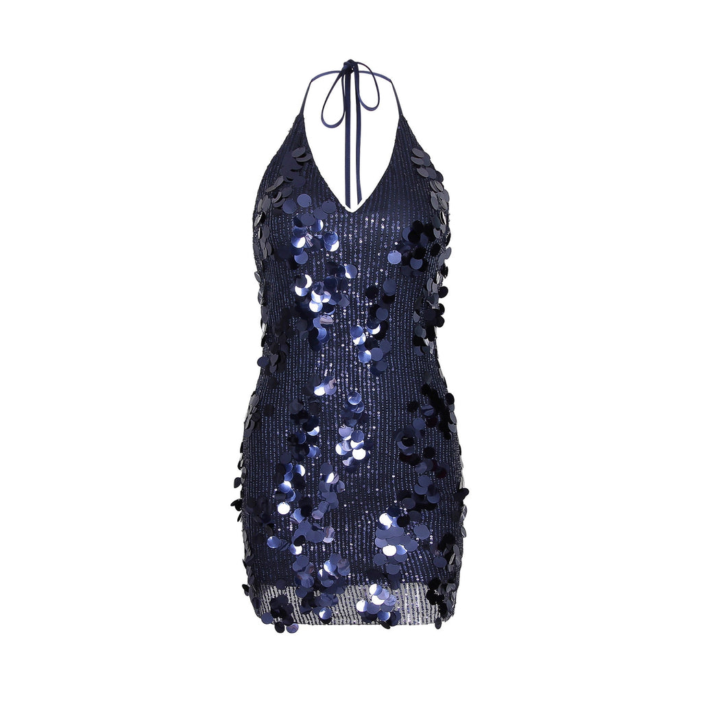Sexy Women Wear Deep V Plunge Halter Sequ Dress Sexy Nightclub Party Backless Skinny Hip Dress