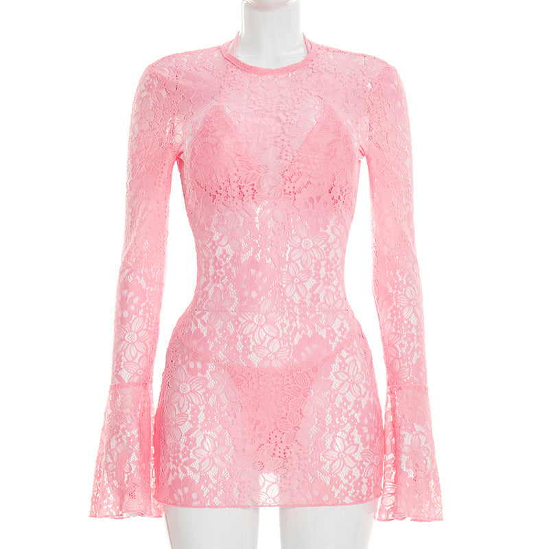 Three Piece Halter Lace Beach Swimwear Set with Long Sleeve Cover Up