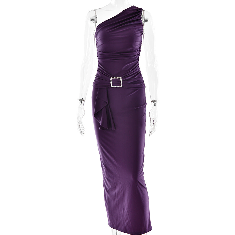 Women Wear Maxi Dress Sexy One Shoulder Pleated Sheath Dress