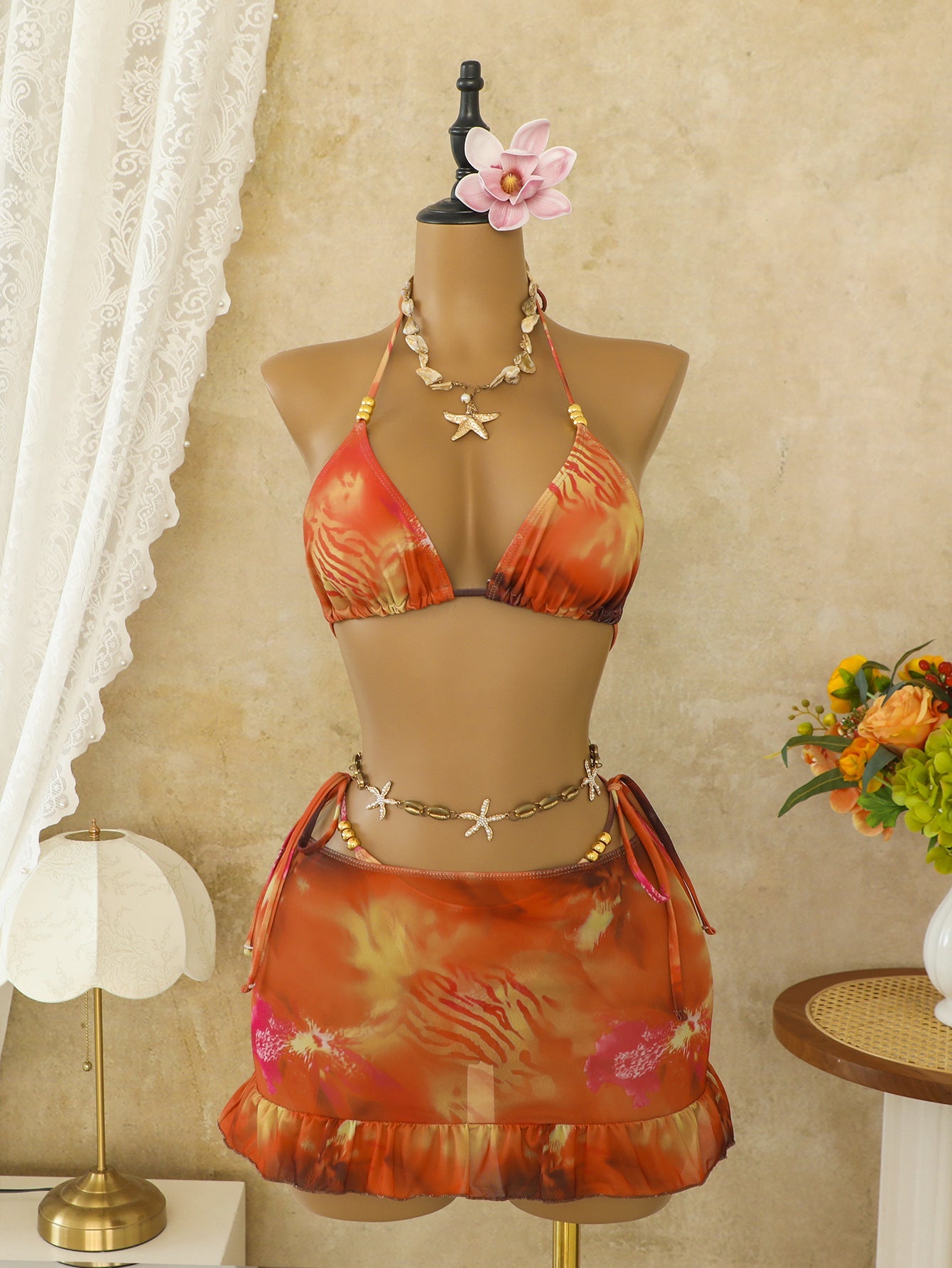 Bohemian Three-Piece Bikini Set with Halter Strap Print Swimwear