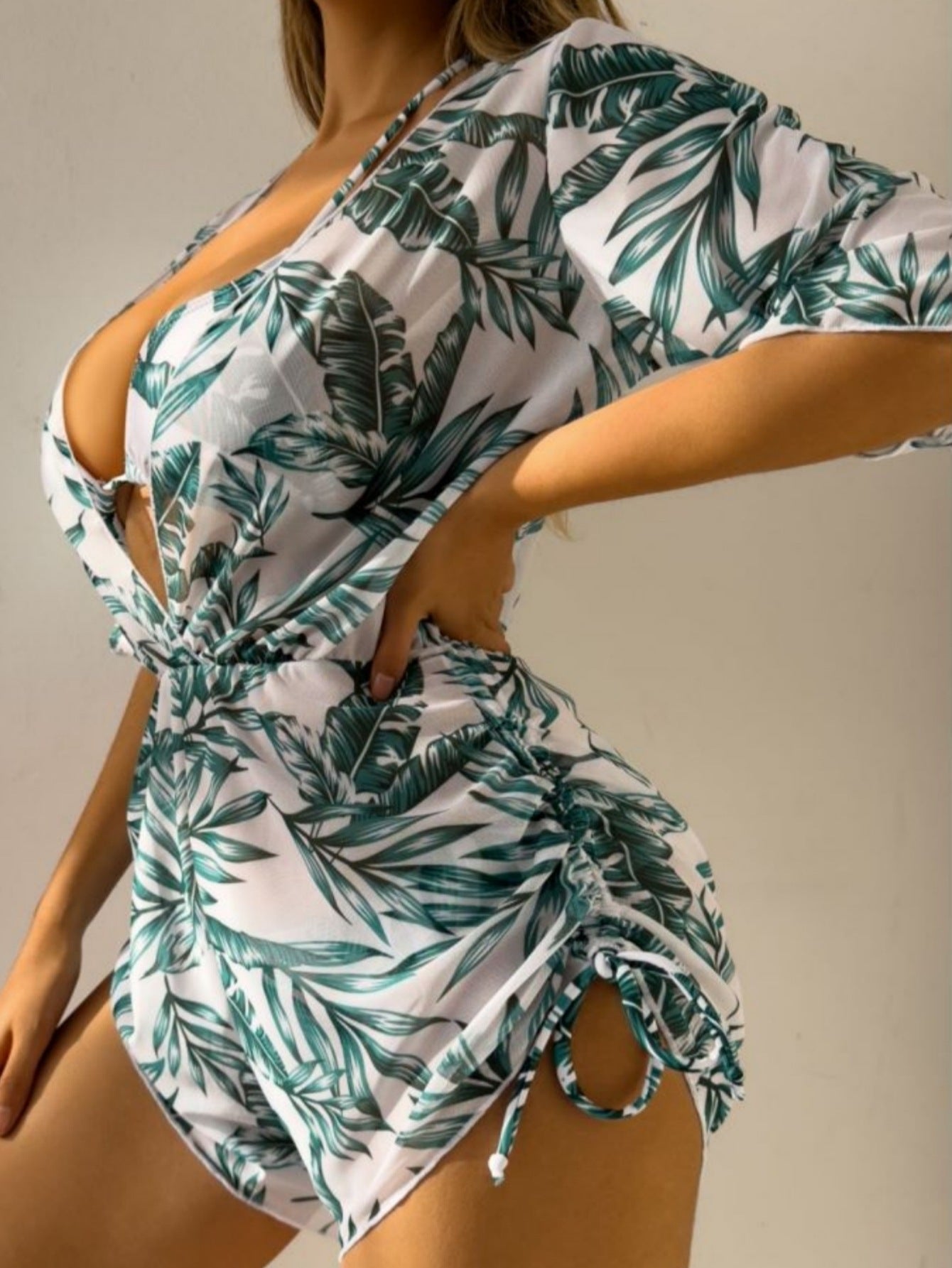 Three Piece Bikini Leaves Printed Waist Controlled Lace up Long Sleeve Beach Anti Ddos Swimsuit