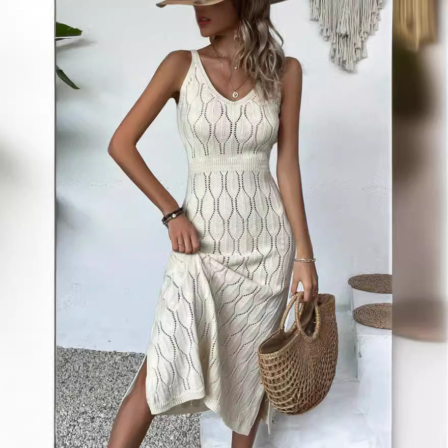 Spring Summer Sexy Hollow Out Cutout out See through Vacation Solid Color Backless Knitted Dress for Women