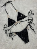 Glamorous Rhinestone Halter Bikini Set with Ruched Detail