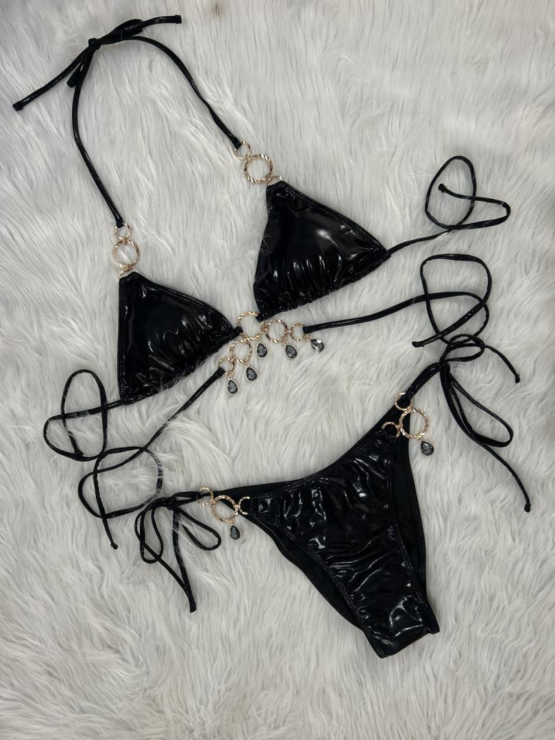 Glamorous Rhinestone Halter Bikini Set with Ruched Detail