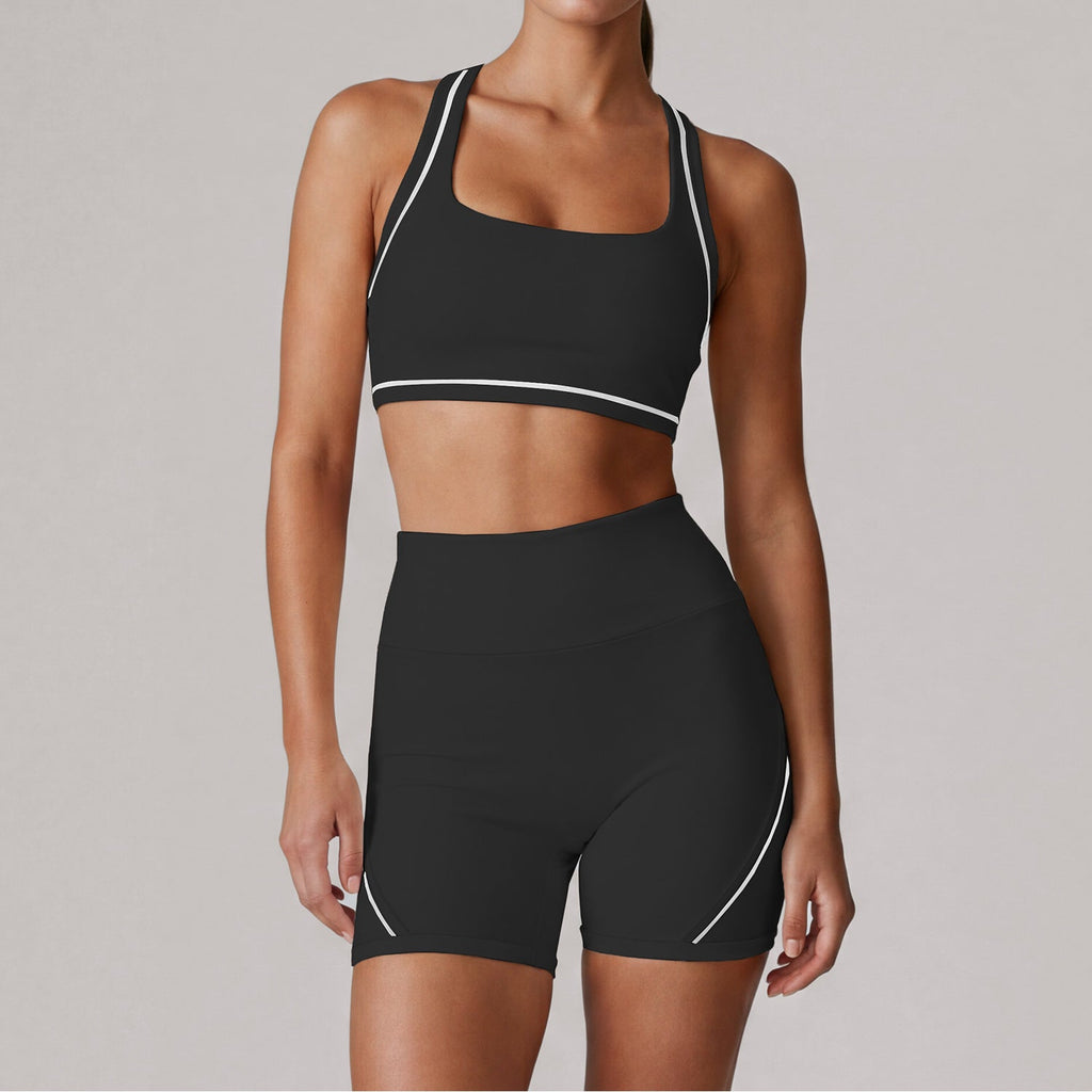 Color Block Halter Neck Fitness Two Piece Sets Sport Waistcoat Women Yoga Bum Lift Shorts Pilates Training Top Summer