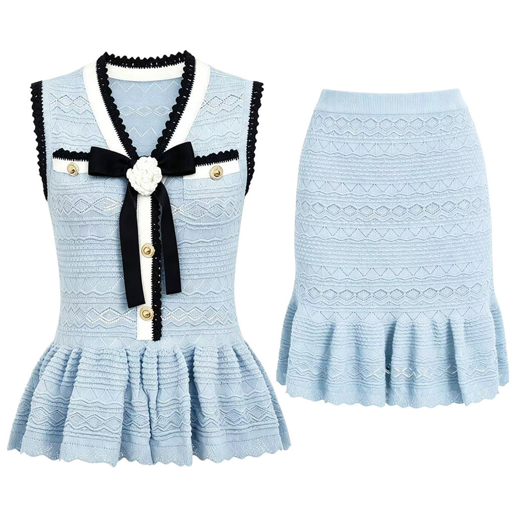 Summer Trending Knitted Women Sleeveless Shirt Skirt Two Piece Sets