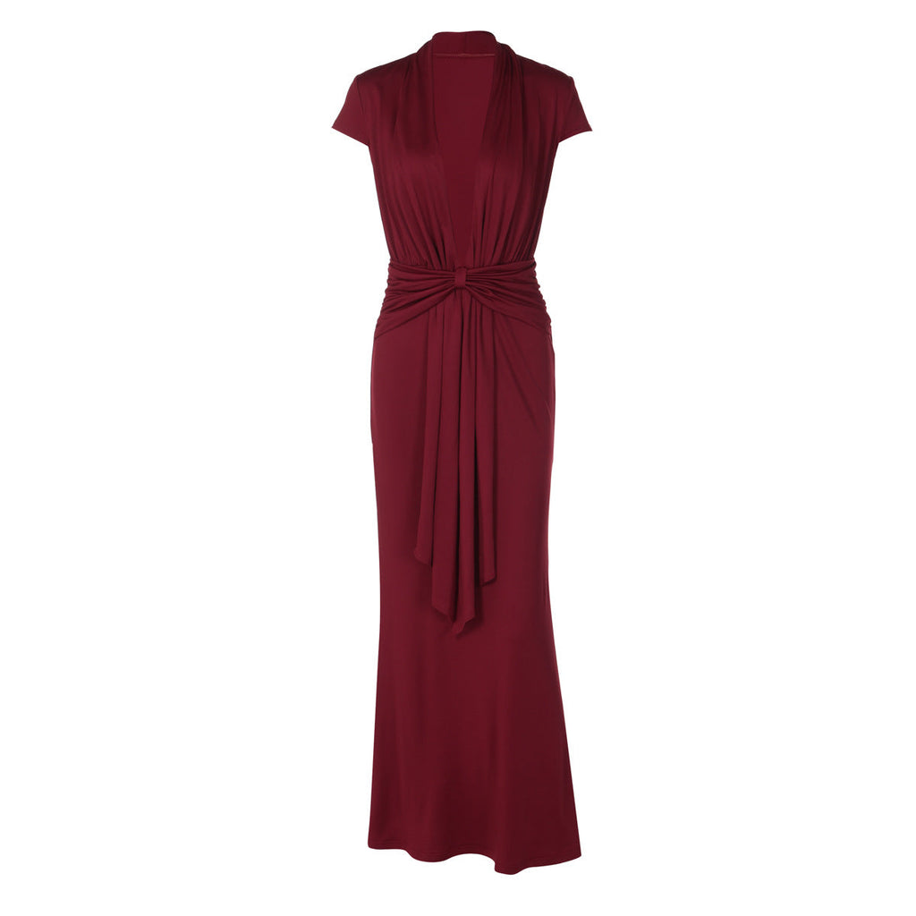 Sexy Solid Color Deep V Plunge neck Short Sleeve Ribbon Slim Sheath Dress