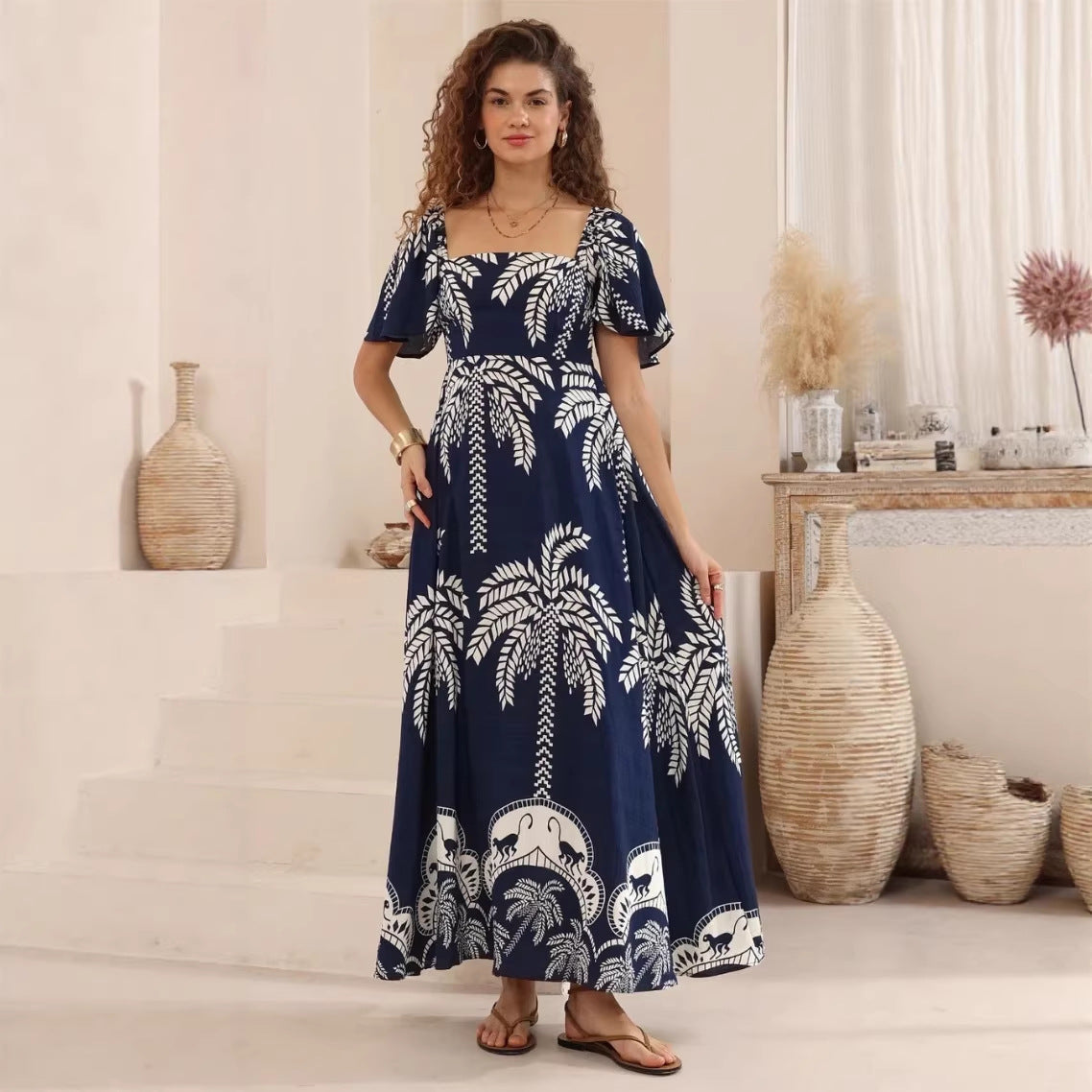 Summer Dress Printed Bell Sleeve High Waist Big Swing French Dress