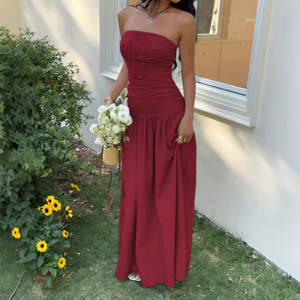 French Gentle Tube Top Dress Summer Waist Trimming Lace up Long Vacation Dress
