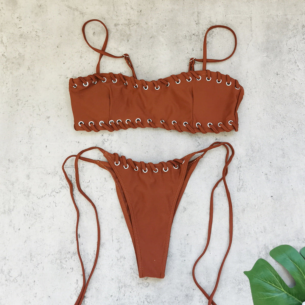 Sexy Tube Top Triangle Bikini Set with Tie Detail - Boho Vacation