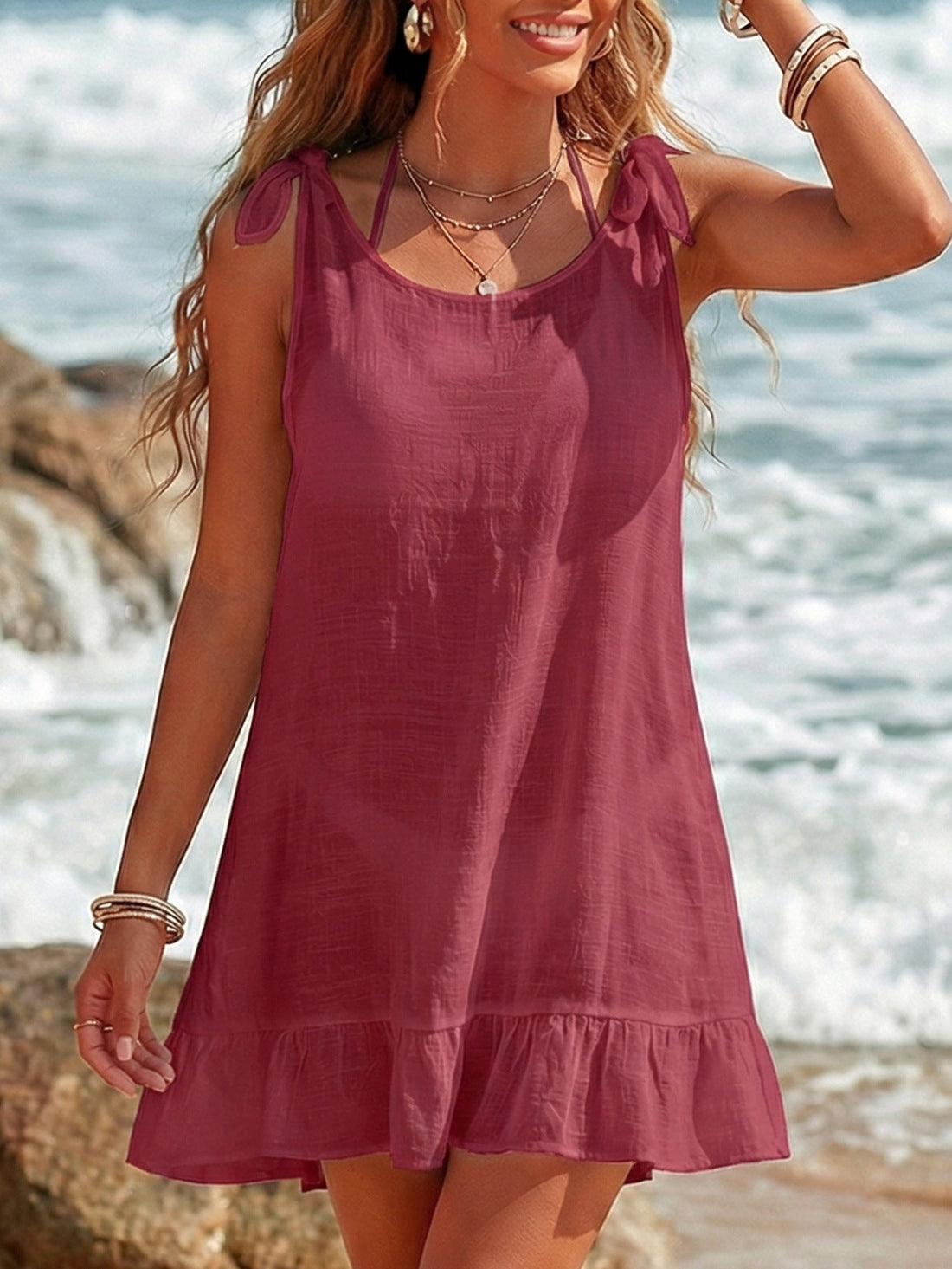 Women's Ruffled Beach Cover Up Dress, Sleeveless Backless Boho Mini