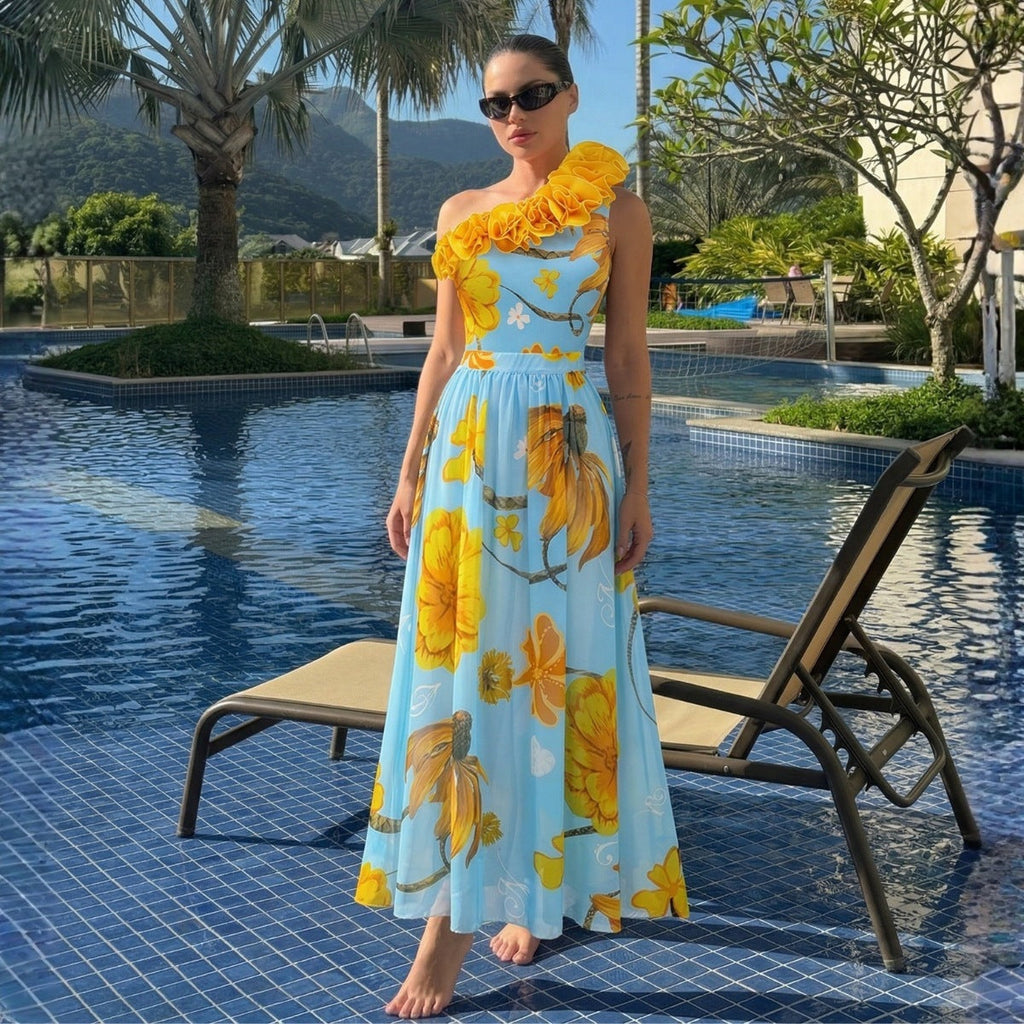 Fresh Blue Bottom Sunflower Single Shoulder One Piece Swimming Women Two Piece Set Three Dimensional Flounce Vacation Swimsuit Women